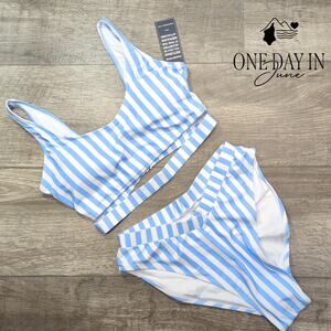 Blooming Jelly Striped Crop Cinched Bottom Bikini Swimsuit Size S